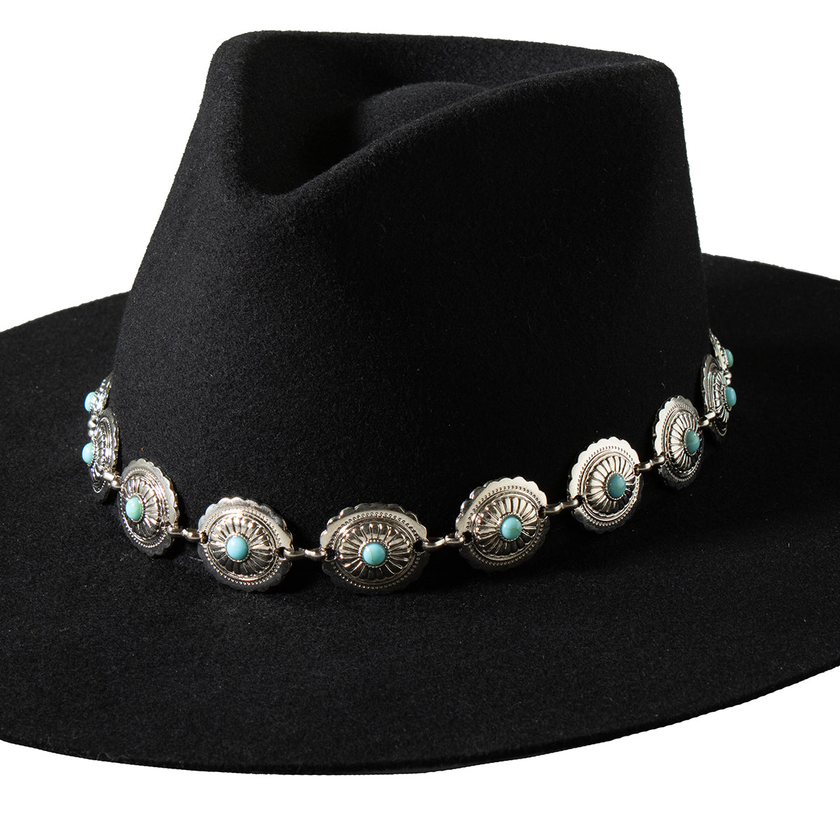 6879 Handmade Southwestern Star Turquoise Concho Hat Band Gemstone Turquoise and Heishi Silver Concho Hat Band - Southwest  main image 2