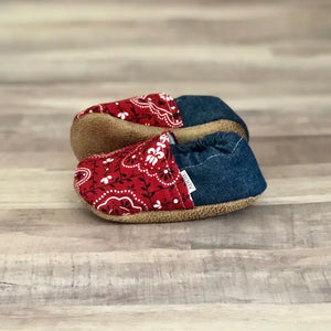 Infant Red Paisley & Denim Cotton Moccasins - Trendy Baby Mocc Shop