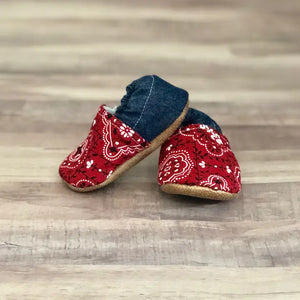 Infant Red Paisley & Denim Cotton Moccasins - Trendy Baby Mocc Shop