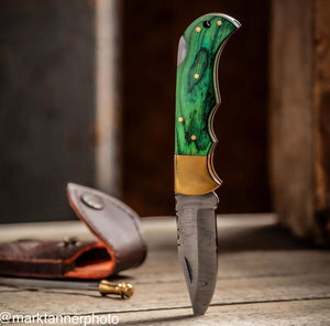 Green Damascus Fold W Sheath - Rill Simple Tools