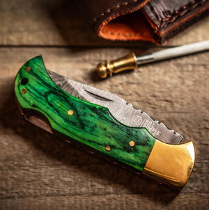Green Damascus Fold W Sheath - Rill Simple Tools