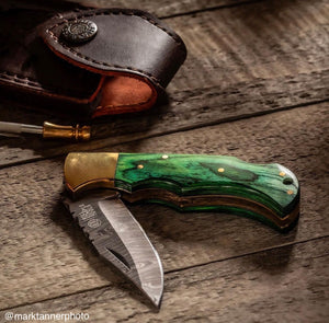 Green Damascus Fold W Sheath - Rill Simple Tools