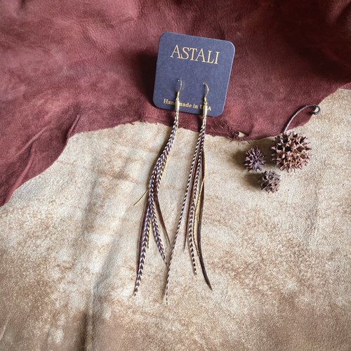 Mini Feather Earrings Coral & Chocolate Grizzly - ASTALI