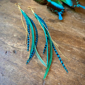 Mini Feather Earrings Green & Turquoise Grizzly - ASTALI