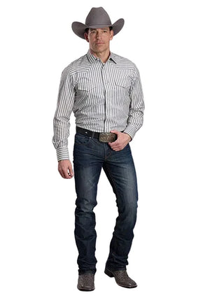 Men's Cream & Grey Stripe L/S Snap Shirt - Roper
