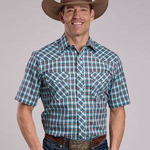 Men's Brown and Turquoise Plaid Shirt - Roper