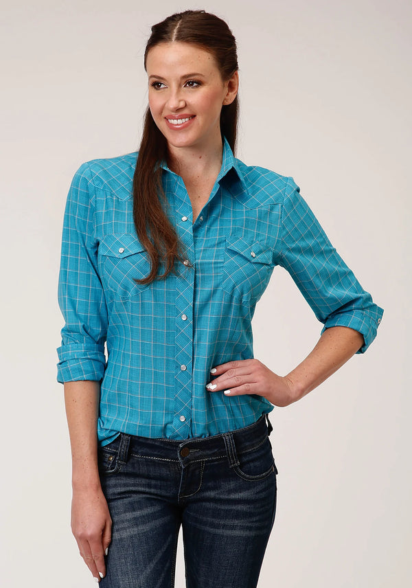 Snap Long Sleeve Windowpane Plaid Turquoise