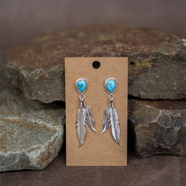 Navajo Turquoise 2 Feather Earrings - Matt 925 Inc.