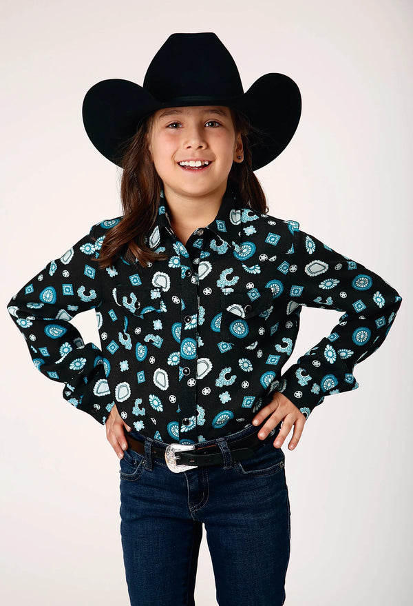 GIRLS L/S JEWEL PRINT RAYON WESTERN BLOUSE - Roper