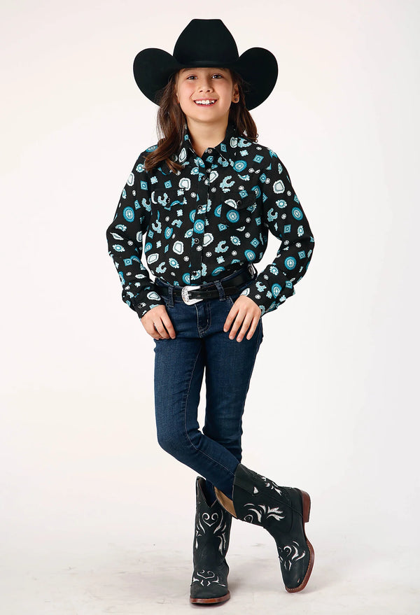 GIRLS L/S JEWEL PRINT RAYON WESTERN BLOUSE - Roper