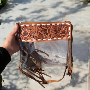 Tooled Leather Fringe Clear Crossbody - Western Linens