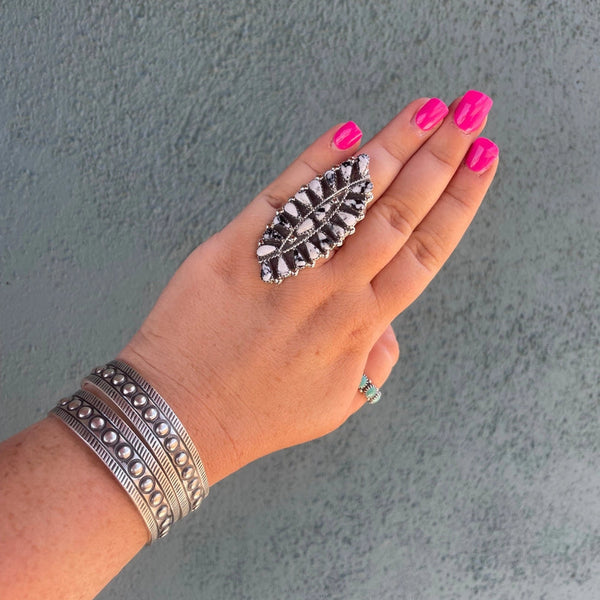 Navajo White Buffalo Cluster Ring - Nizhoni Traders LLC