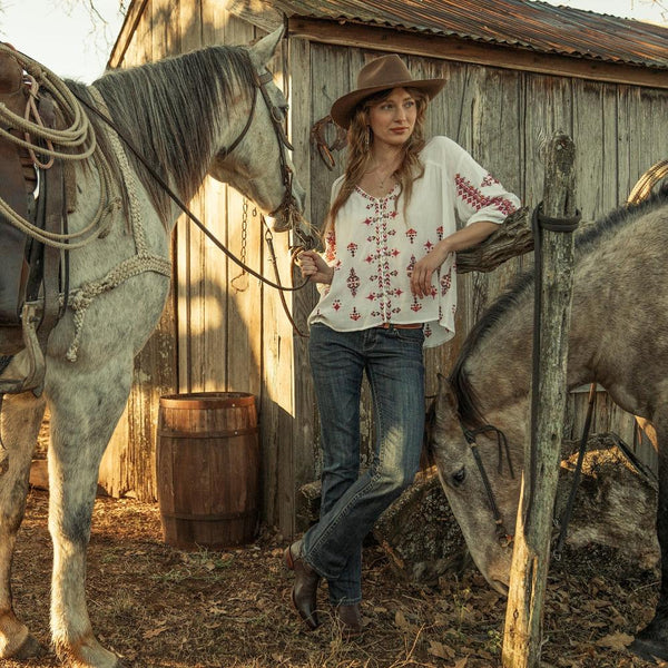 White Dobby Peasant Blouse - Stetson