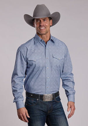 Men's L/S Steel Blue Filigree Print Shirt - Stetson