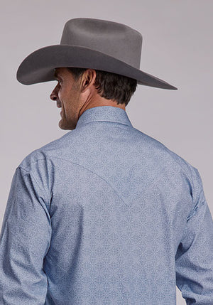 Men's L/S Steel Blue Filigree Print Shirt - Stetson