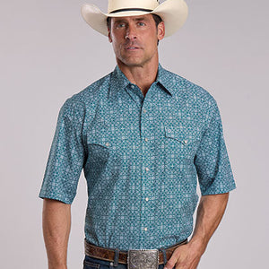 Men's Teal Filigree Print Short Sleeve - Stetson