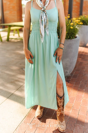 Mint Printed Front Slit Smocked Dress - Lucky & Blessed