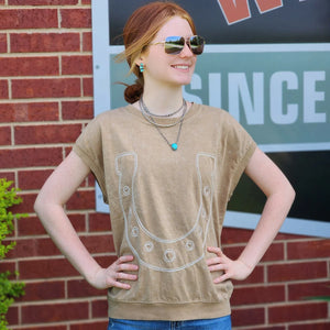 Beige Mineral Wash Horseshoe Shirt - Lucky & Blessed