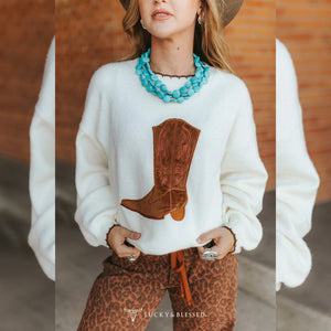 Women's Buck Stitch Contrast Boot Sweater - Lucky & Blessed