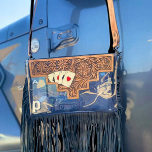 Tooled Leather Cards Fringe Clear Bag - Western Linen