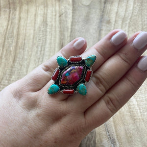 Turquoise Coral Pink Dream Sterling Ring - Nizhoni Traders LLC