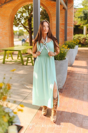 Mint Printed Front Slit Smocked Dress - Lucky & Blessed