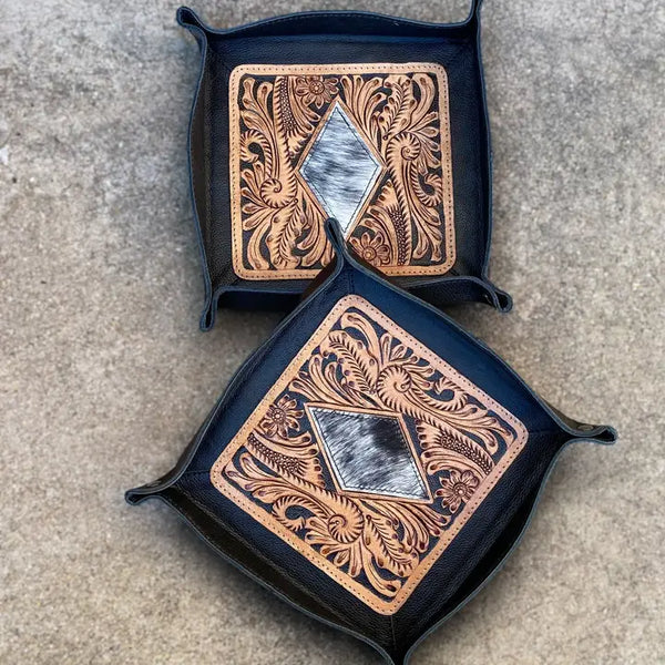 Mini Tray Tooled & Diamond Cowhide - Western Linen