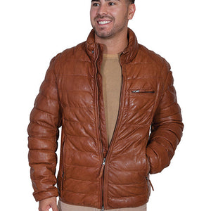 Men's Cognac Ribbed Leather Jacket - Scully