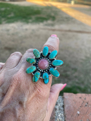 Pink Opal & Turquoise Flower Ring - Nizhoni Traders LLC