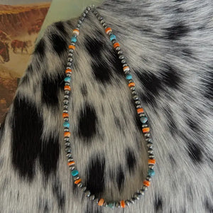 Turquoise, Spiny Orange & Sterling Pearls Necklace  - Z Bars