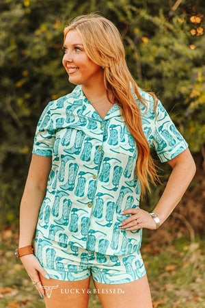 Cream Jade Boots Printed Button Down Shorts Set - Lucky & Blessed