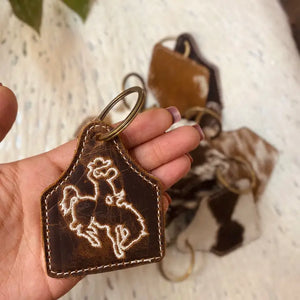 Bucking Horse Cowhide & Leather Keychain - Western Linens
