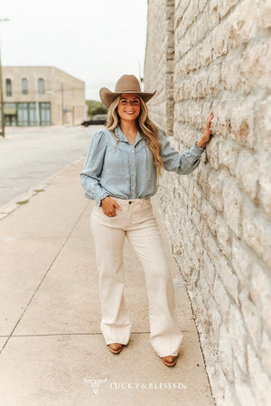Denim Snap Button Down Ruffle Neckline Top - Lucky & Blessed