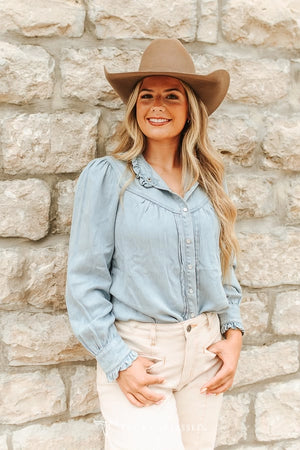 Denim Snap Button Down Ruffle Neckline Top - Lucky & Blessed