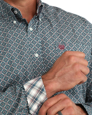 Men's L/S Blue Geometric Print Shirt - Cinch