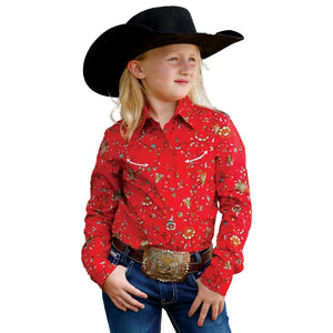 Girls' Red Floral Print Long Sleeve Snap Shirt - Cruel