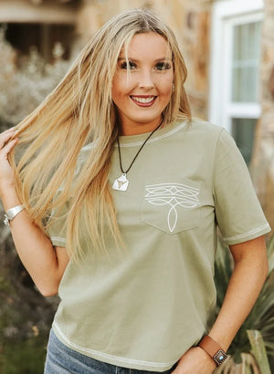 Sage Bootstitch Embroidered Sleeve Pocket Tee - Lucky & Blessed