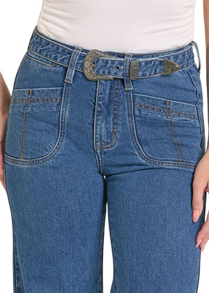 Women's Belted Relaxed Wide Leg Jeans - Rock & Roll Demin