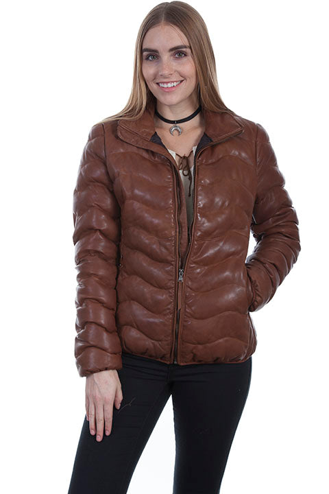 Women's Cognac Ribbed Leather Jacket - Scully