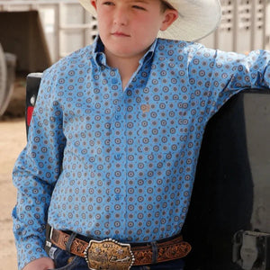 Boys Long Sleeve Blue Print Western Shirt - Cinch