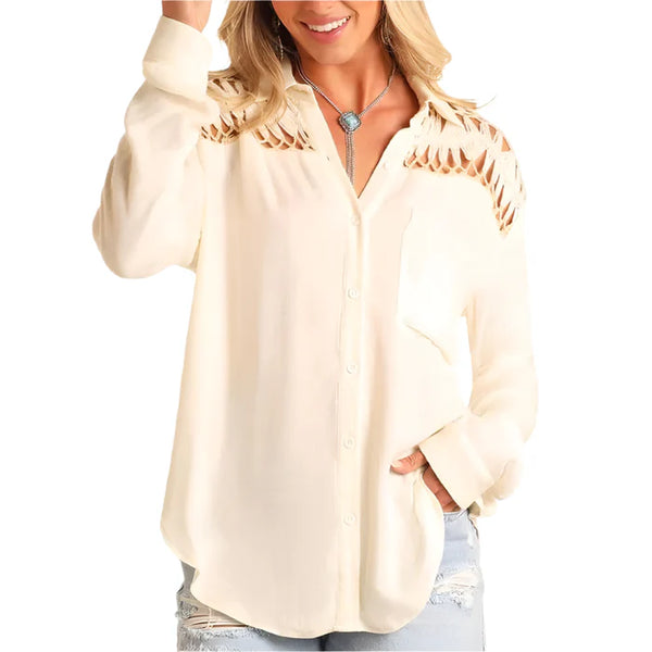 Women's Crochet Yoke Shirt - Rock & Roll Demin