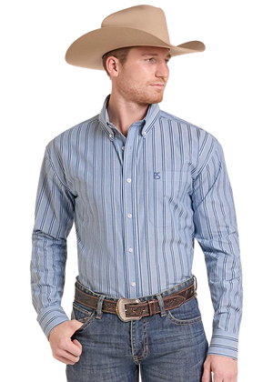 Men's LS Blue Stripe 1 Pocket Button Shirt- Panhandle Slim