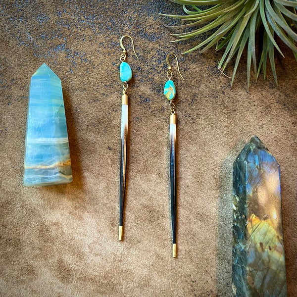 Porcupine Quill Turquoise and Brass Earrings - ASTALI