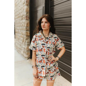 Ivory Western Rodeo Print Button Down Shorts Set - Lucky & Blessed
