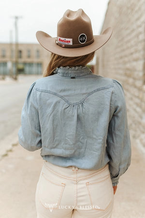 Denim Snap Button Down Ruffle Neckline Top - Lucky & Blessed