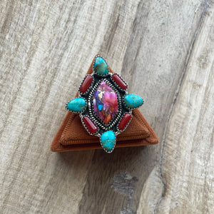 Turquoise Coral Pink Dream Sterling Ring - Nizhoni Traders LLC