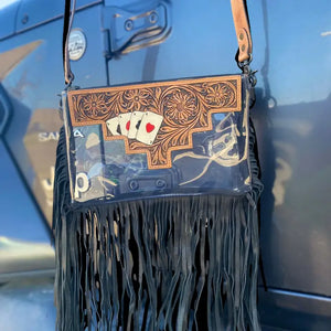 Tooled Leather Cards Fringe Clear Bag - Western Linen