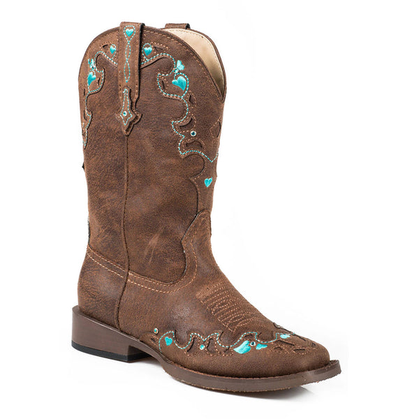 Girl's Brown Vintage Boots with Turquoise Embroidery - Roper