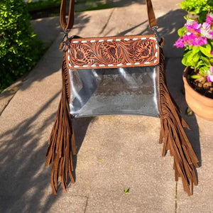Tooled Leather Fringe Clear Crossbody - Western Linens