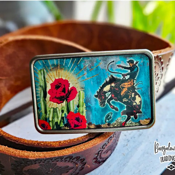 Cactus Rose Cowboy Belt Buckle - Bungalow Blue Trading Co